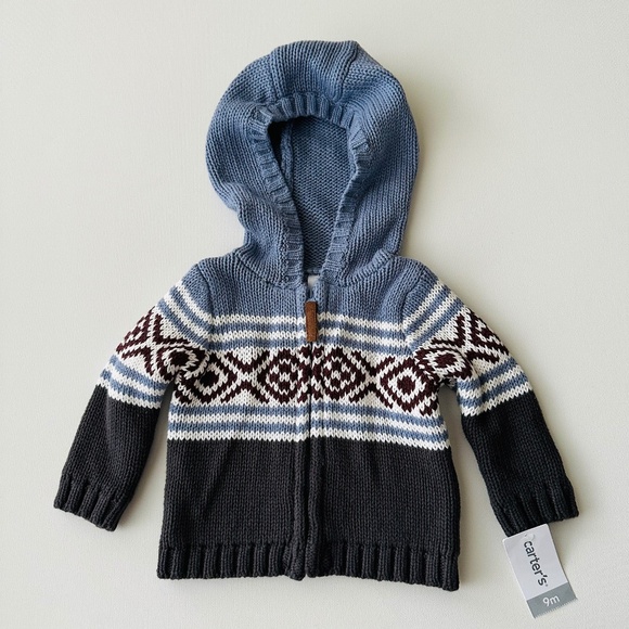 Carter's Other - Carter’s 9 Months Baby Boy Knit Hooded Zip Cardigan Sweater Fair Isle NWT